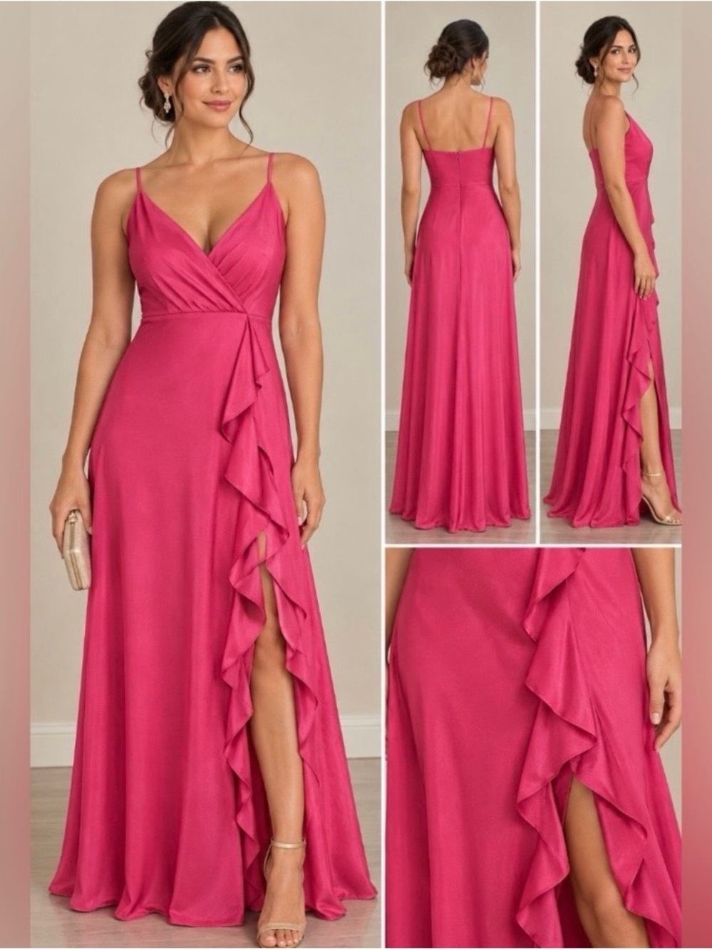 Hot Pink Satin Cocktail Dress Ruffle Wrap Maxi Dress side Slit